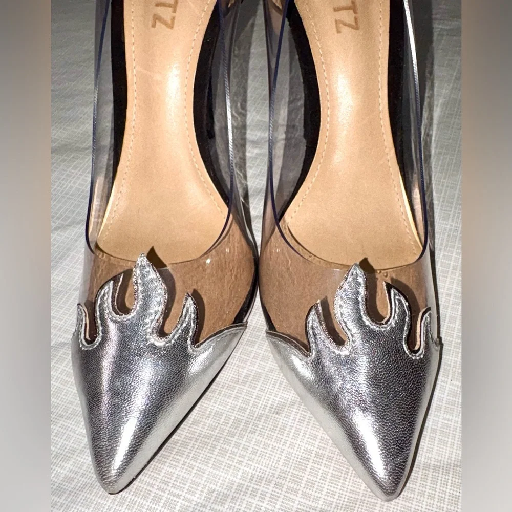 Schutz Den Flame Sz 7 Clear Panel Pointed-Toe Stiletto Pumps Silver Black suede - Picture 5 of 9